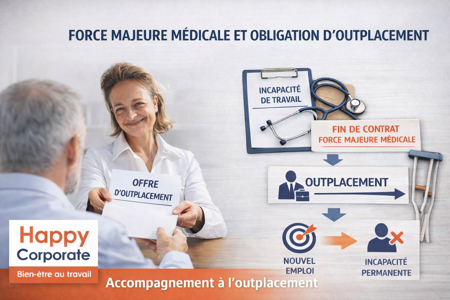 Prestataire en outplacement remettant une offre d’outplacement à un travailleur dans le cadre d’une fin de contrat pour force majeure médicale, avec schéma explicatif du processus.