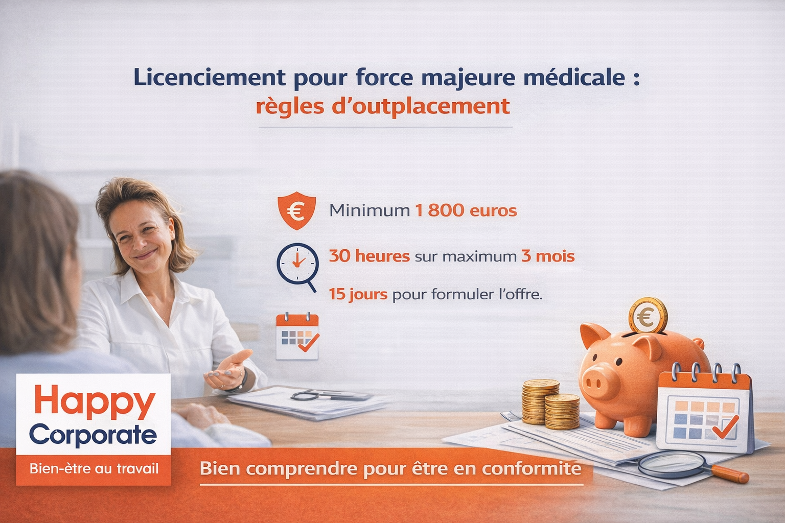 Illustration d’un entretien d’outplacement dans le cadre d’un licenciement pour force majeure médicale, présentant de manière synthétique les règles légales, le montant minimum, la durée et les délais à respecter.