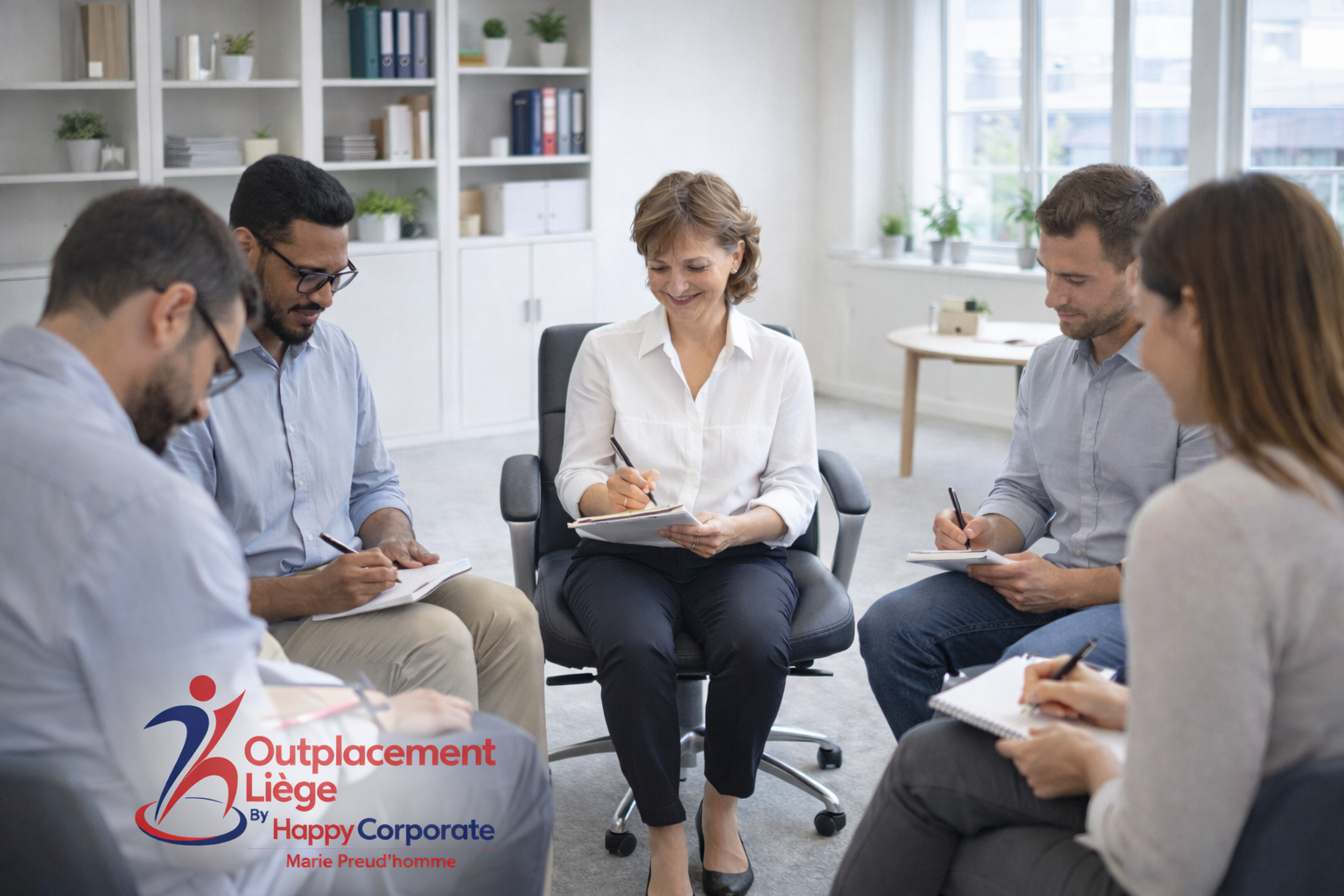 Séance d’accompagnement collectif en outplacement à Liège animée par Marie Preud’homme.